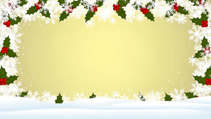 Festive Snow and Holly Border with a Soft Yellow Background for Holiday Greetings and Winter Designs