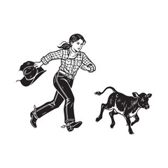 Cowgirl riding a bull in a rodeo action scene illustration