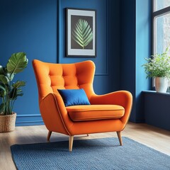 Orange armchair in a blue living room with a poster, creating a vibrant contrast and modern aesthetic, Generative AI