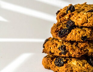 Stacked raisin oatmeal cookies on a white surface