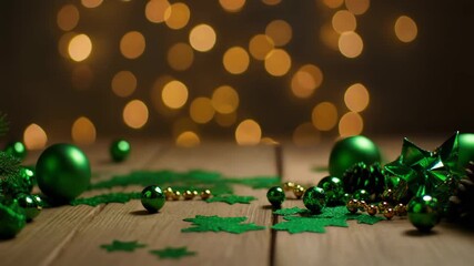 Festive green Christmas ornaments arranged on a rustic wooden table with shimmering golden bokeh lights in the blurred background