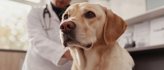 Close up of a golden Labrador retriever during a veterinary examination, with a veterinarian in a white coat visible in the background