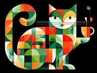 Abstract geometric cat art with warm tones, holding a cup, against a simple dark backdrop.
