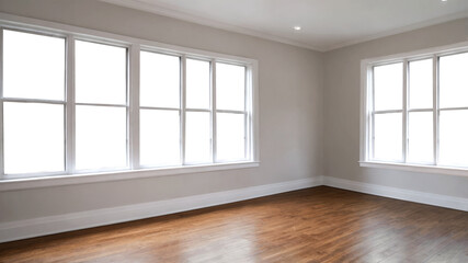 Bright empty room with large windows and wooden flooring for design mockup