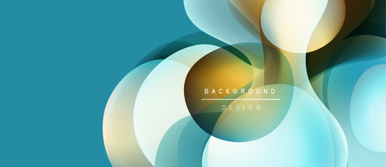 Abstract fluid shapes overlap, creating dynamic color gradients. Teal, gold, white blend seamlessly. Modern design element.