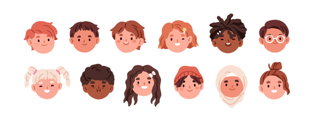 Obraz na płótnie Canvas Kid avatars set. Happy smiling children, head portraits. Cute school and kindergarten child characters, boys and girls faces, user profiles. Flat vector illustrations isolated on white background