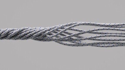Abstract twisted rope strands isolated on a clean grey background. Detailed braided texture with minimalistic composition, suitable for design, engineering, and modern visual concepts. © Slava Virtual