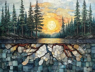 Mosaic landscape: sunset over tranquil lake, forest skyline, root system below. Artistic, natural scene.