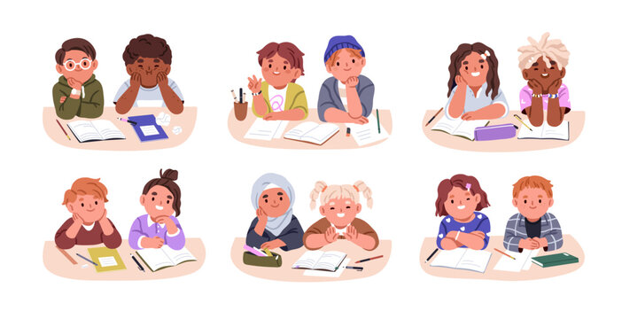 Kid students sitting at desk. Happy elementary school children together, studying, smiling. Cute child characters, classmates learning in pairs. Flat vector illustrations isolated on white background