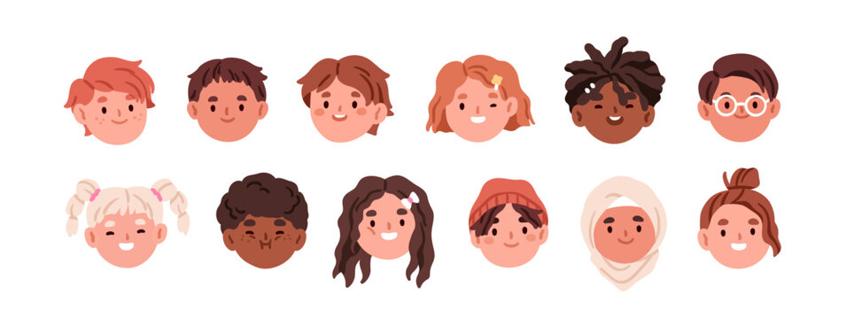 Kid avatars set. Happy smiling children, head portraits. Cute school and kindergarten child characters, boys and girls faces, user profiles. Flat vector illustrations isolated on white background