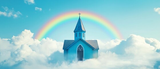 Picturesque blue church surrounded by fluffy clouds with a vibrant rainbow arching overhead, symbolizing hope, faith, and divine connection