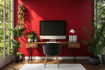 Red home living room interior with a work desk and TV screen, panoramic window creating a bright and productive living space, Generative AI