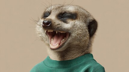 Meerkat in a green shirt laughs heartily, eyes closed in mirth, set against a neutral backdrop. Open mouthed joy.