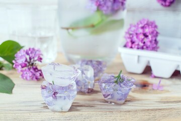  Lilac flowers, ice cubes and a glass of water on a light background and lilac flowers in a vase