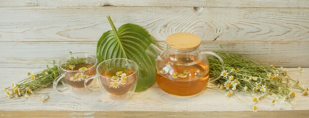 Fresh chamomile tea in a teapot and cup with flowers. Soothing chamomile tea with natural ingredients. 