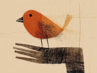 Stylized bird perched on a hand, rendered in a textured, graphic style with warm colors and simple shapes.