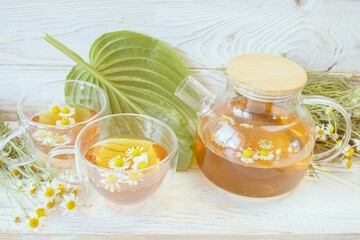 Fresh chamomile tea in a teapot and cup with flowers. Soothing chamomile tea with natural ingredients. 