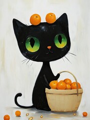 Illustration of a cute black cat with bright green eyes balancing fruit on its head and carrying a basket.