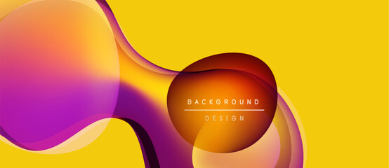 Abstract fluid shapes overlap yellow backdrop. Gradient colors create dynamic visual effect. Modern design element for backgrounds.
