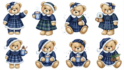 Cute Winter Teddy Bears Clipart Set in Blue Dresses and Hats, Hot Cocoa, Pinecones and Snow Elements, Watercolor Illustrations