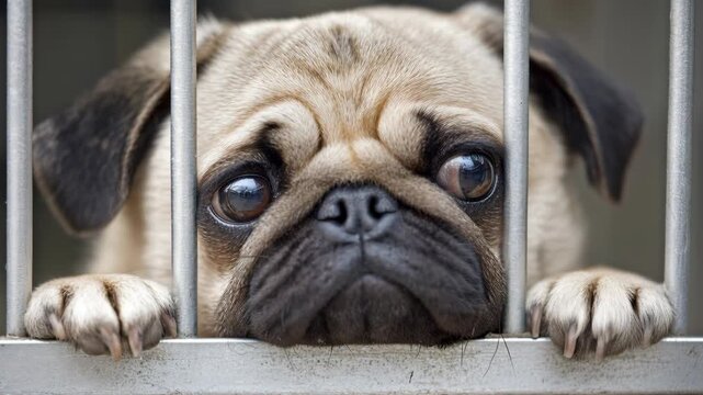 A sad-looking pug puppy peers through metal bars, its paws resting on the grate, evoking a sense of longing.