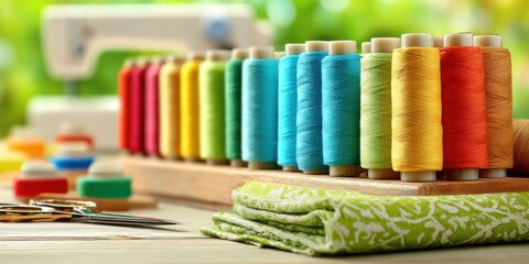 Colorful Sewing Threads and Scissors on Craft Table