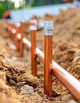 Copper grounding system installation in progress, in focus, close up