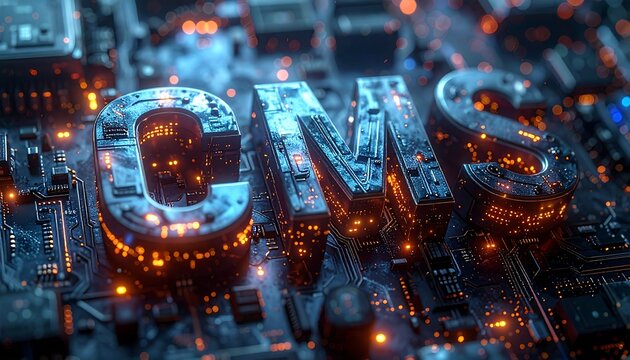 Illuminated "CMS" text on complex circuit board with glowing lights and futuristic design - Powered by Adobe