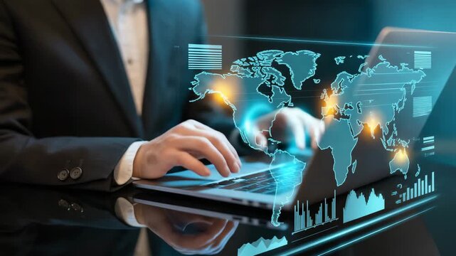 Businessman using laptop with holographic world map and financial data visualizations technology global