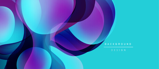 Abstract fluid shapes overlap, creating vibrant purple, blue gradients. Turquoise background complements dynamic composition. Modern design element.
