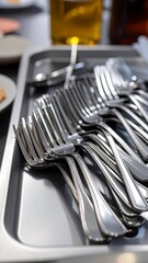 Stacked silverware on a tray