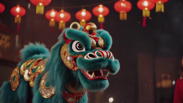 A photoreal street-level video of a lion dance team performing during Chinese New Year. The lion costume moves with convincing fabric physics, natural fur sway, embroidered sequins reflecting intense 