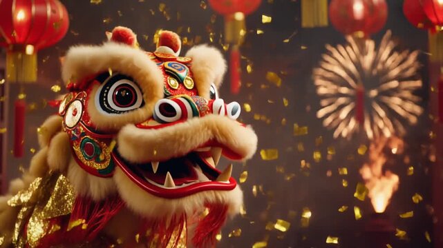 A hyper-realistic cinematic video of a Chinese lion dance performance during a Chinese New Year festival. The lion head shows highly detailed embroidery, shimmering gold foil, lifelike fur strands, an