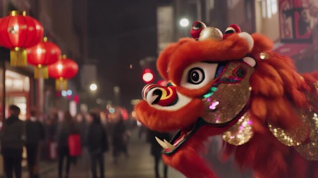 A realistic street-level night video of a lion dance team performing. The lion head moves with convincing weight and fabric physics; reflective sequins catch the festival lights. Red lanterns line the