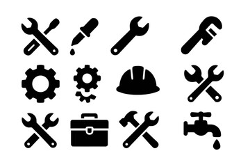 Black Silhouette Icons Representing Tools and Industrial Elements