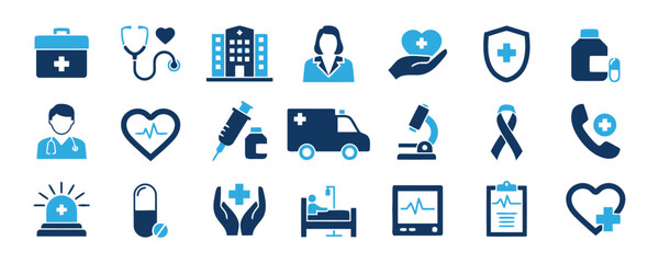 Blue and Dark Blue Icons Related to Healthcare and Medical Services Keywords: healthcare, medical, health, hospital, doctor, nurse, ambulance, stethoscope, first aid, syringe, microscope
