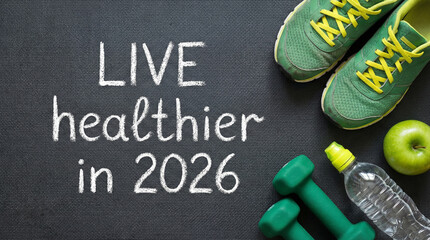 Chalk text "LIVE healthier in 2026" with fitness gear like shoes, dumbbells, apple, water bottle. Concept of new year health goals