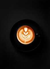 Draufsicht auf eine schwarze Kaffeetasse mit Latte-Art-Herz. Schwarzer Hintergrund.