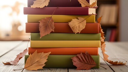 Stack of Cozy Books with Fall Leaves