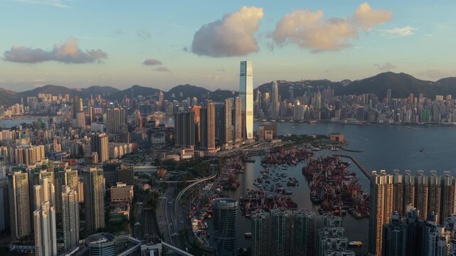 West Kowloon Mong Kok Aerial golden hour Hong Kong 