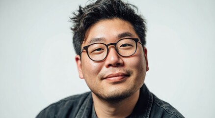 Close up portrait of young man with dark messy hair and glasses.
