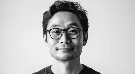 Black and white close-up portrait of a man wearing round eyeglasses.