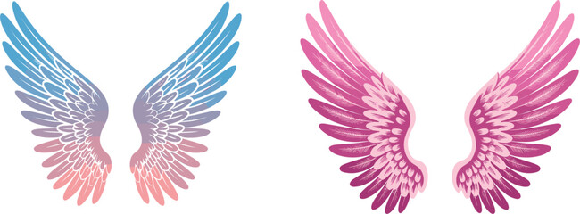 Set of two large decorative feathered wings in pink/magenta and blue/pink gradients, colorful angel fantasy design element vector illustration