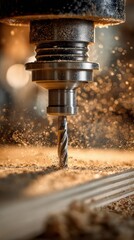 Manufacture wood CNC router drilling plywood close-up with drill bit and wood chips in industrial workshop