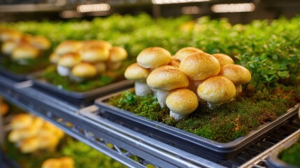 Pale amber mushroom clusters growing on moss in rectangular trays on stainless steel racks at an indoor mushroom farm with warm overhead lighting