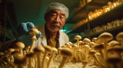 indoor mushroom farm worker inspecting cultivated mushrooms on shelving in climate-controlled cultivation room during harvest
