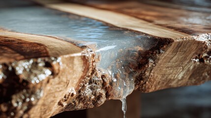 manufacture wood live-edge slab with pale opaque resin river being poured, high-gloss close-up showing bark edge