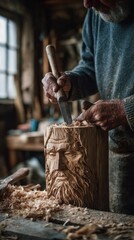 manufacture wood close-up of older woodcarver hands carving a bearded face in a vertical log with mallet and chisel, gray shirt, sawdust, window light