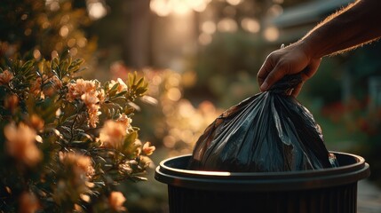 Close-up of hand placing black garbage bag into outdoor bin beside flowering garden at golden hour for residential waste disposal