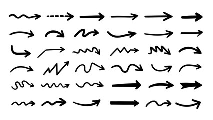 Collection of hand-drawn black arrows on a white background. Doodle arrows set for direction, next step, and navigation design elements.